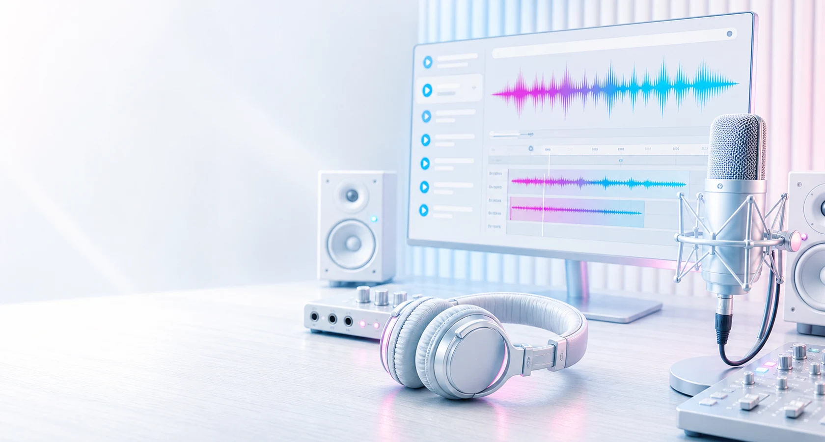 Bright podcast studio with waveform editing screen