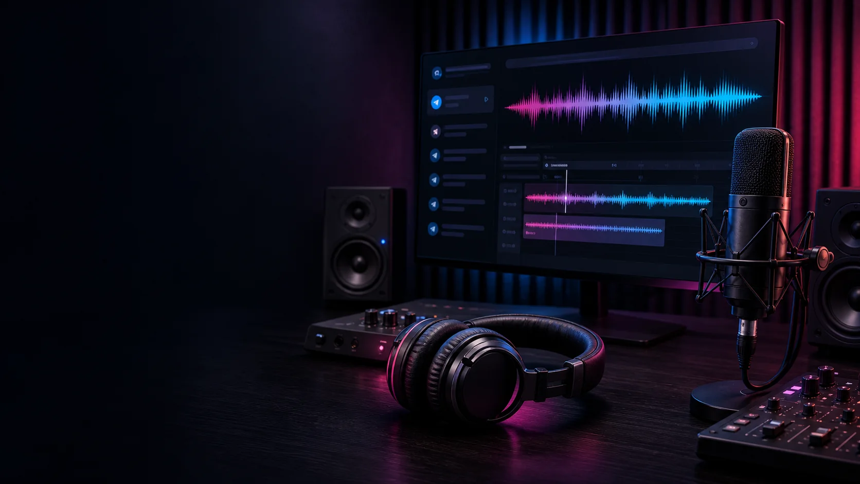 Premium podcast studio with waveform editing screen